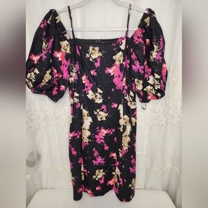 DKNY Off Shoulder Dress NWT M Black Colorful Puffy Sleeves Straps Linen Blend